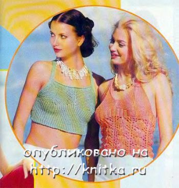 Оранжевый топ с открытой спиной. Вязание спицами.