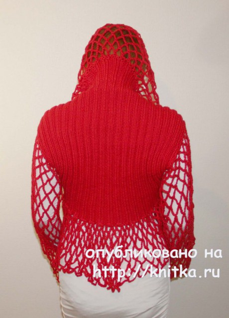 Красное болеро с капюшоном. Вязание спицами и крючком вязание и схемы вязания