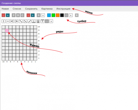 Интерфейс редактора схем для вязания спицами