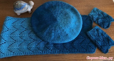 Комплект "Бирюзовое Омбре" - шарф и берет спицами для женщин