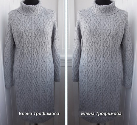 Платье с аранами спицами, реглан (связано снизу). Работа Елены Трофимовой. Вязание спицами.