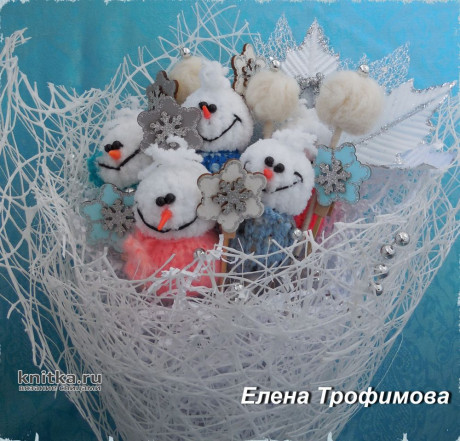 Букет из снеговиков (игрушки спицами). Работа Елены Трофимовой. Вязание спицами. 0n