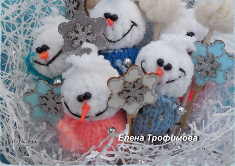 Букет из снеговиков (игрушки спицами). Работа Елены Трофимовой вязание и схемы вязания