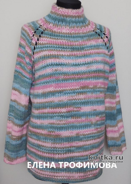 Полосатый свитер реглан спицами. Работа Елены Трофимовой вязание и схемы вязания