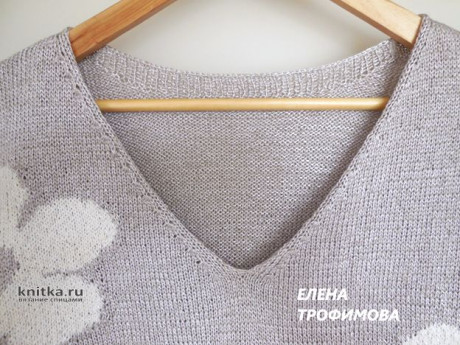 Джемпер с цветами из льна. Работа Елены Трофимовой вязание и схемы вязания