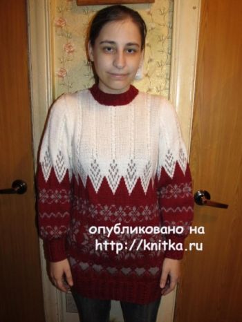Свитер с жаккардовым узором. Работа Альбины. Вязание спицами.