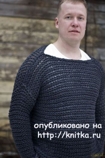 Мужской свитер - кольчуга спицами из толстой пряжи