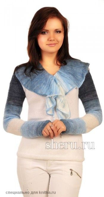 Кофточка c воротом-галстуком. Вязание спицами.