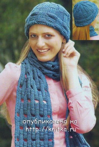 Голубой комплект: шапочка и шарф спицами. Вязание спицами.